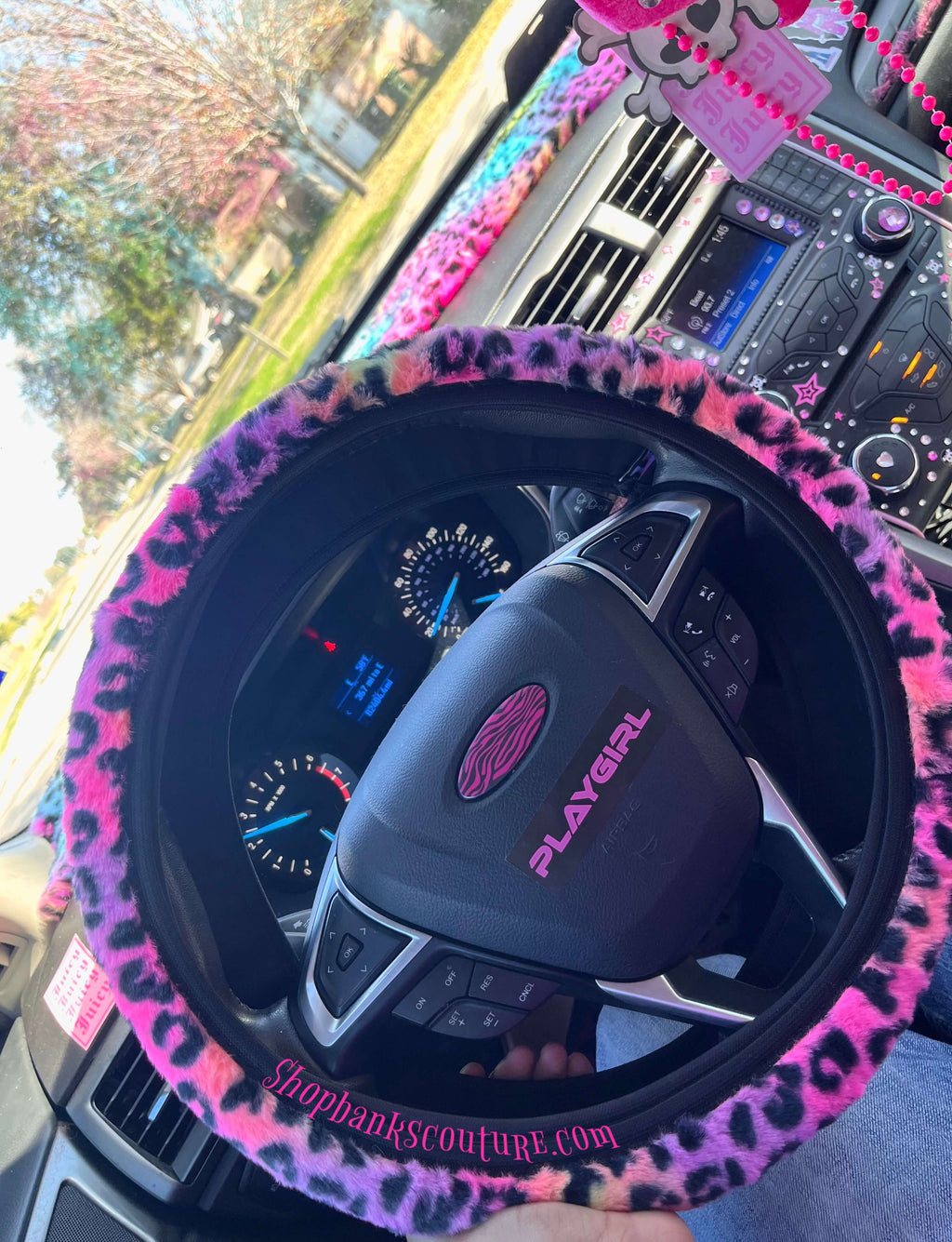 Fuzzy rainbow leopard steering wheel cover ♡