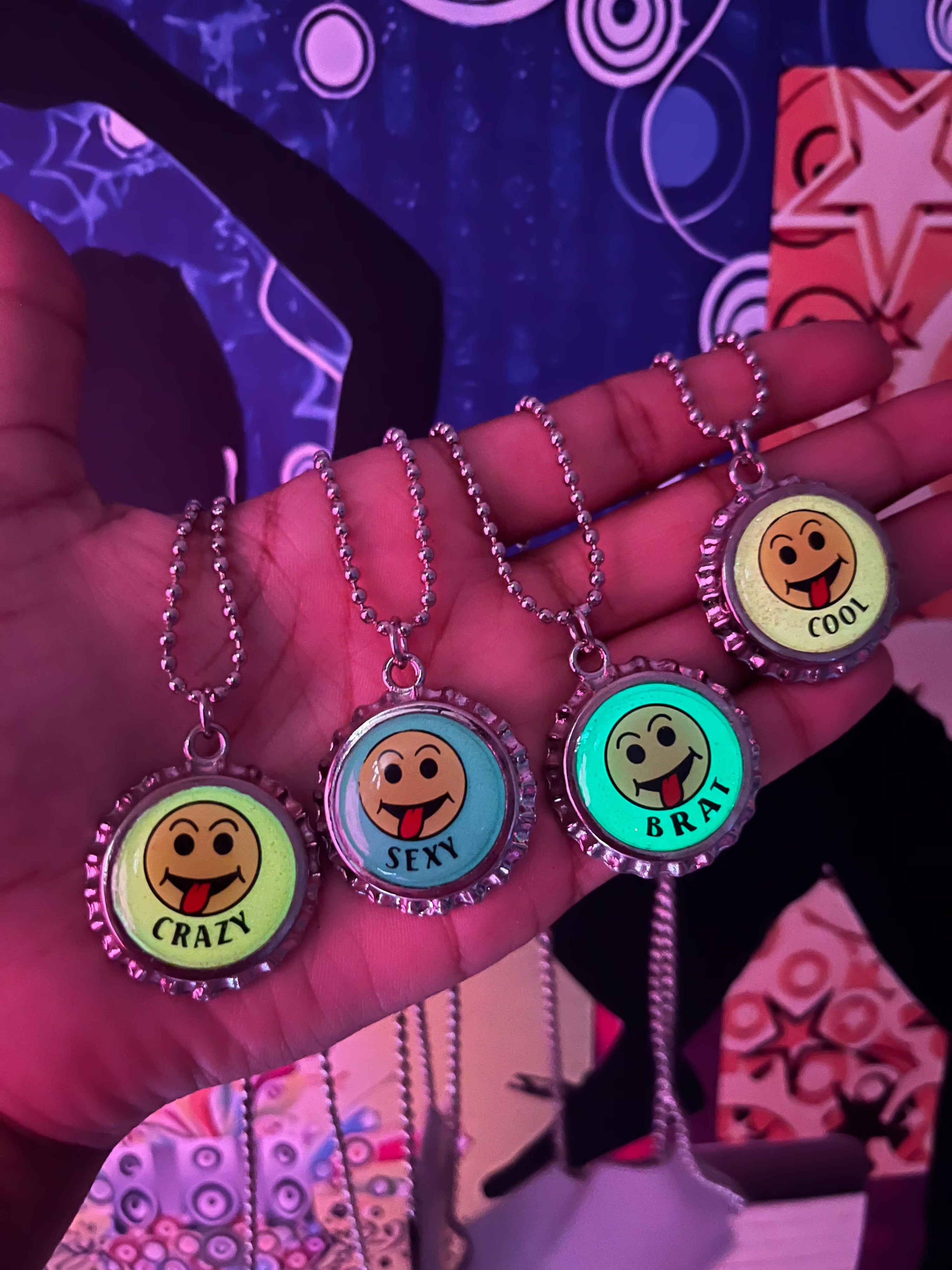 Glow in the dark bottle cap necklaces