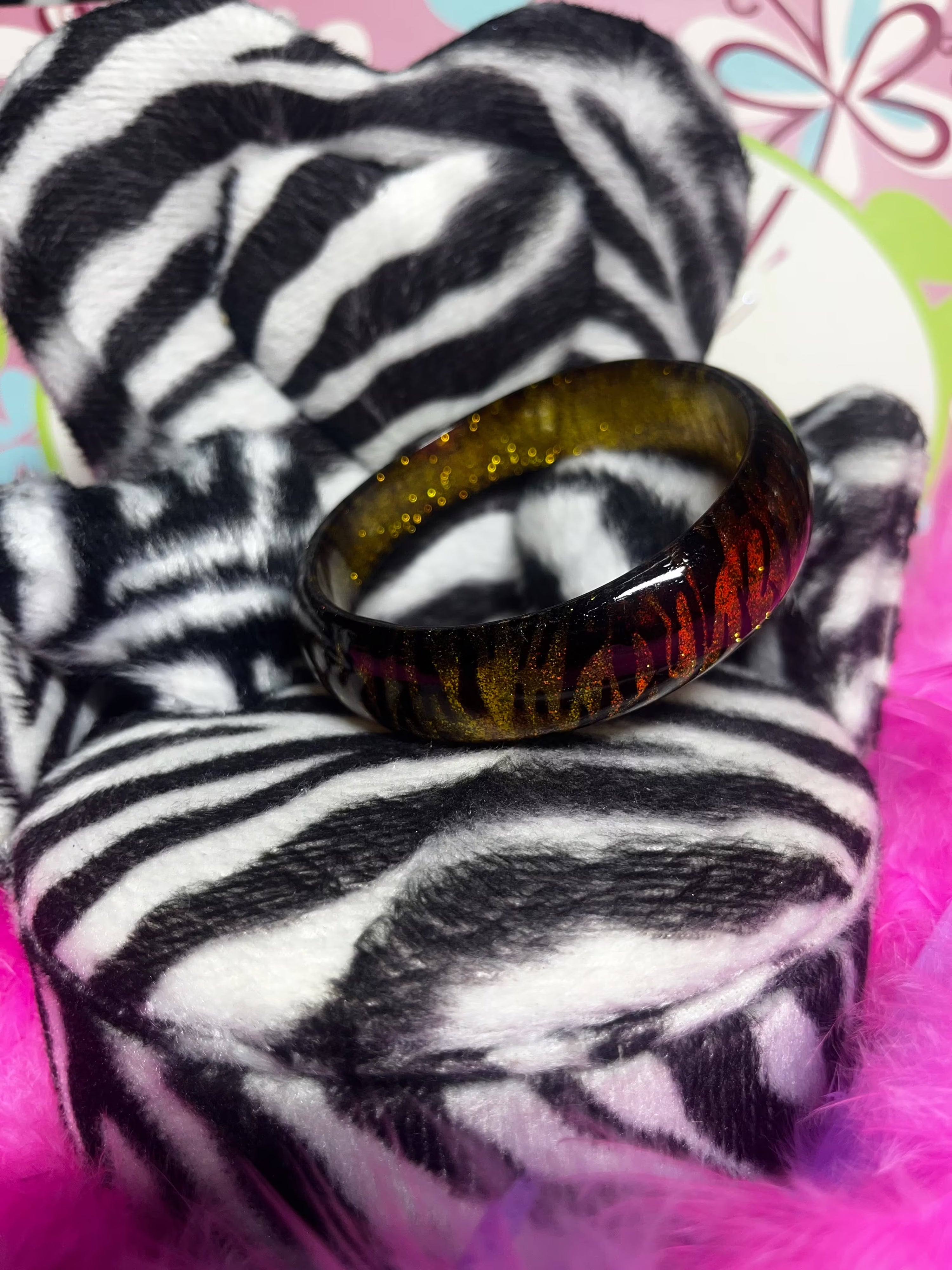yellow gold glitter zebra print bangle bracelet
