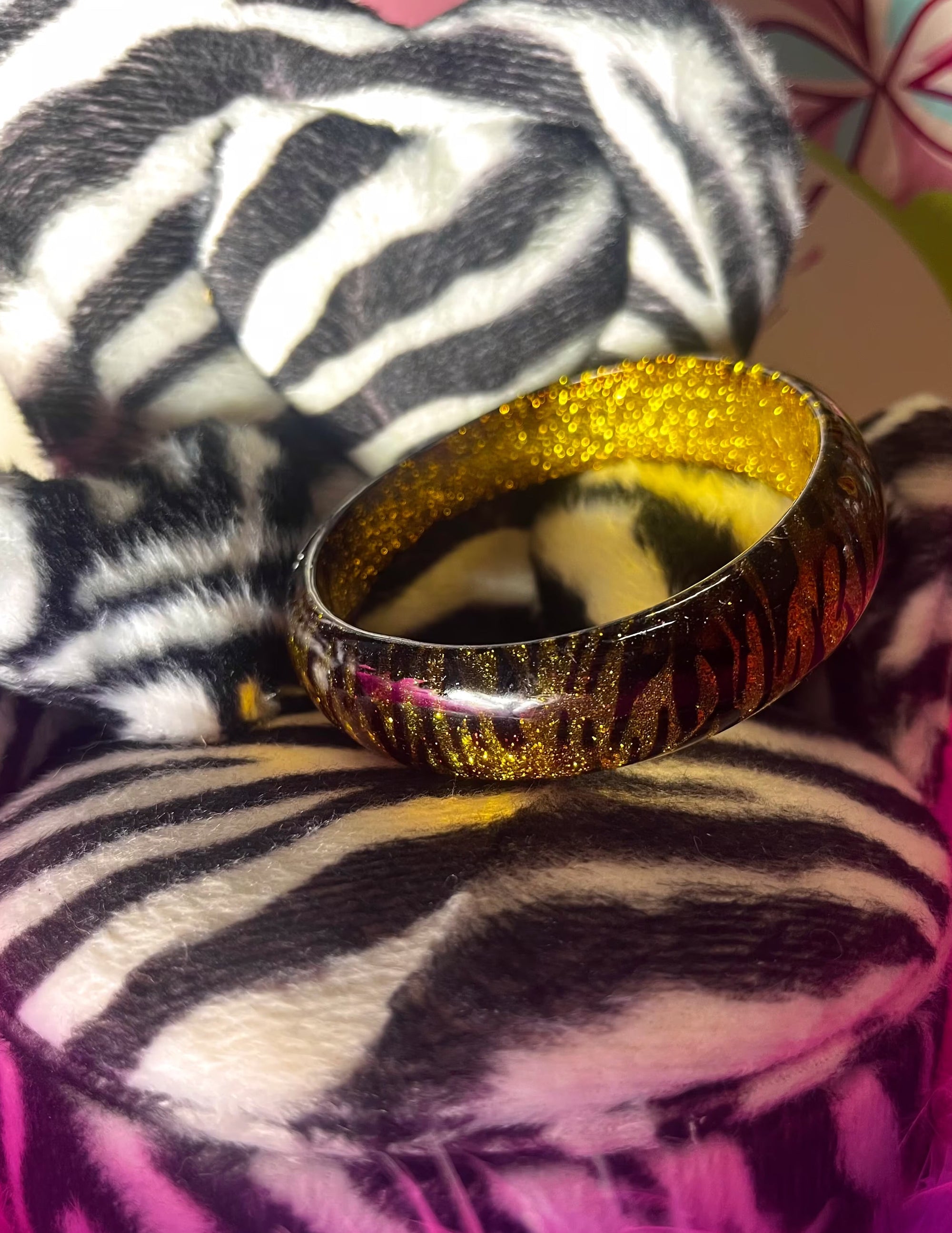 yellow gold glitter zebra print bangle bracelet
