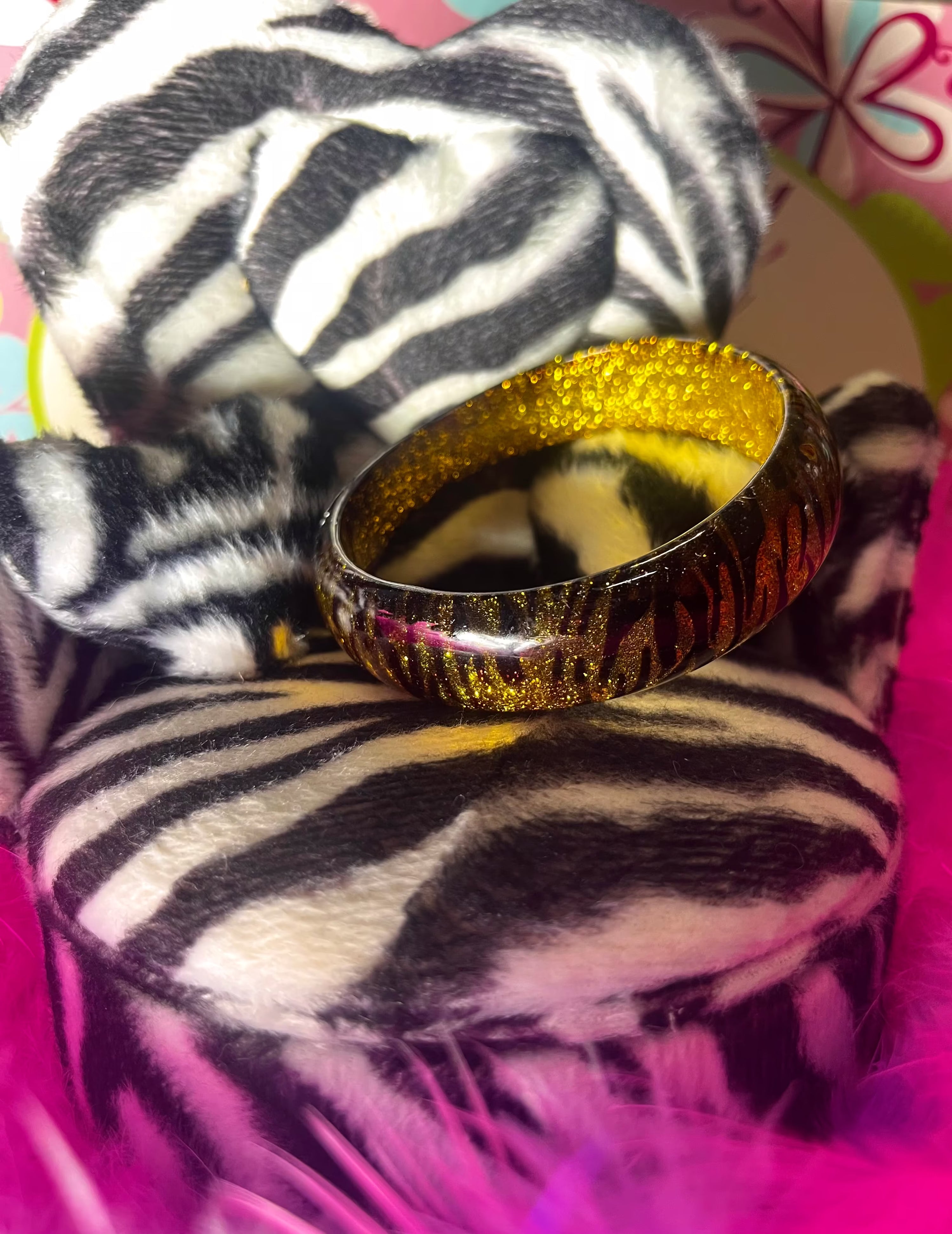 yellow gold glitter zebra print bangle bracelet