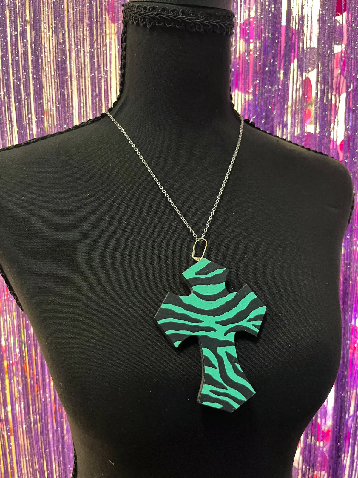 Vintage stainless steel XL wooden cross necklace