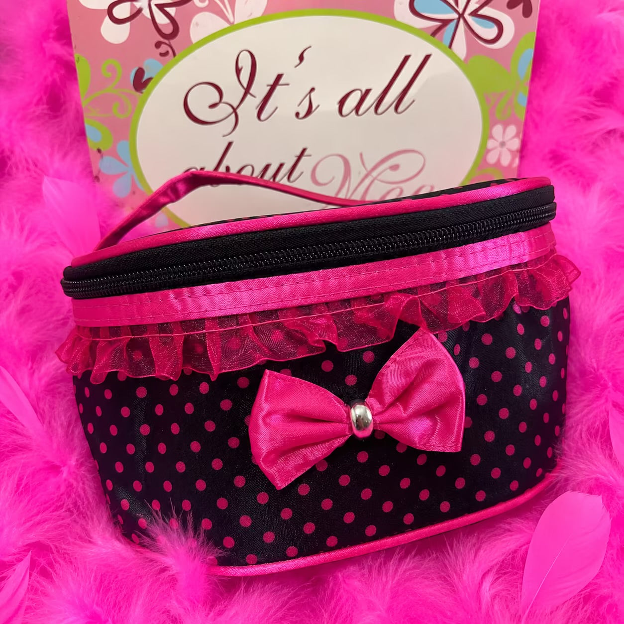 Silk Pink Polka dot makeup bag