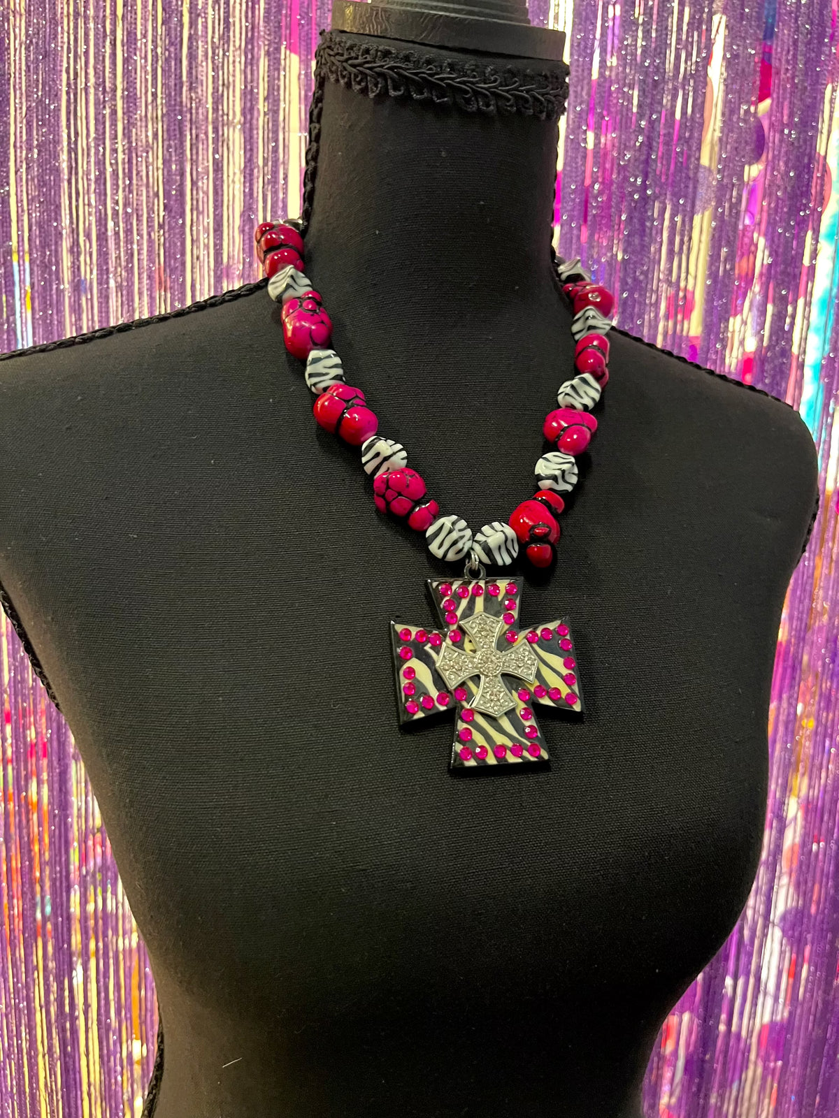 Vintage mistique beaded zebra print cross necklace