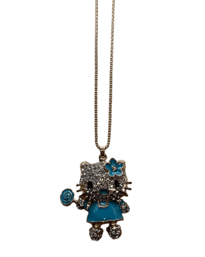 Vintage kitty Crystal necklace - blue